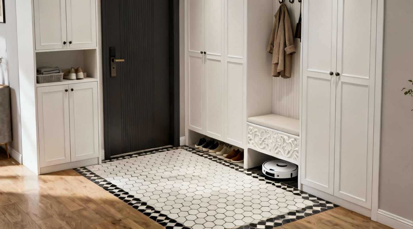 高雄新屋裝潢的玄關設計,整合了落塵區、穿鞋椅與系統櫃.jpg 高雄新屋裝潢的玄關設計,整合了落塵區、穿鞋椅與系統櫃.jpg